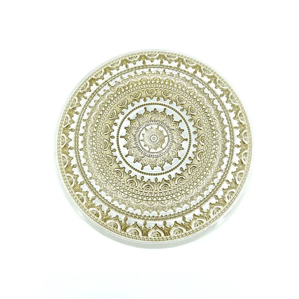 TURKISH GLASS White Entrée Plates Hand Painted Gold Lace Set of 4 NWT Glass